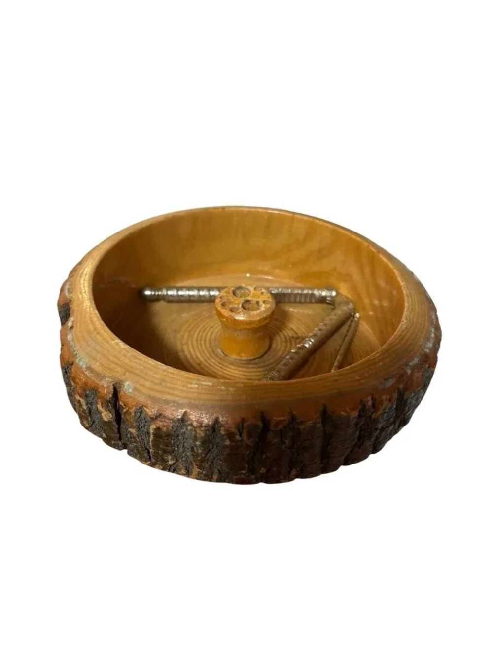 *Vintage Bark Nut Bowl Round Wooden Picks Nut Crackers Rustic Retro